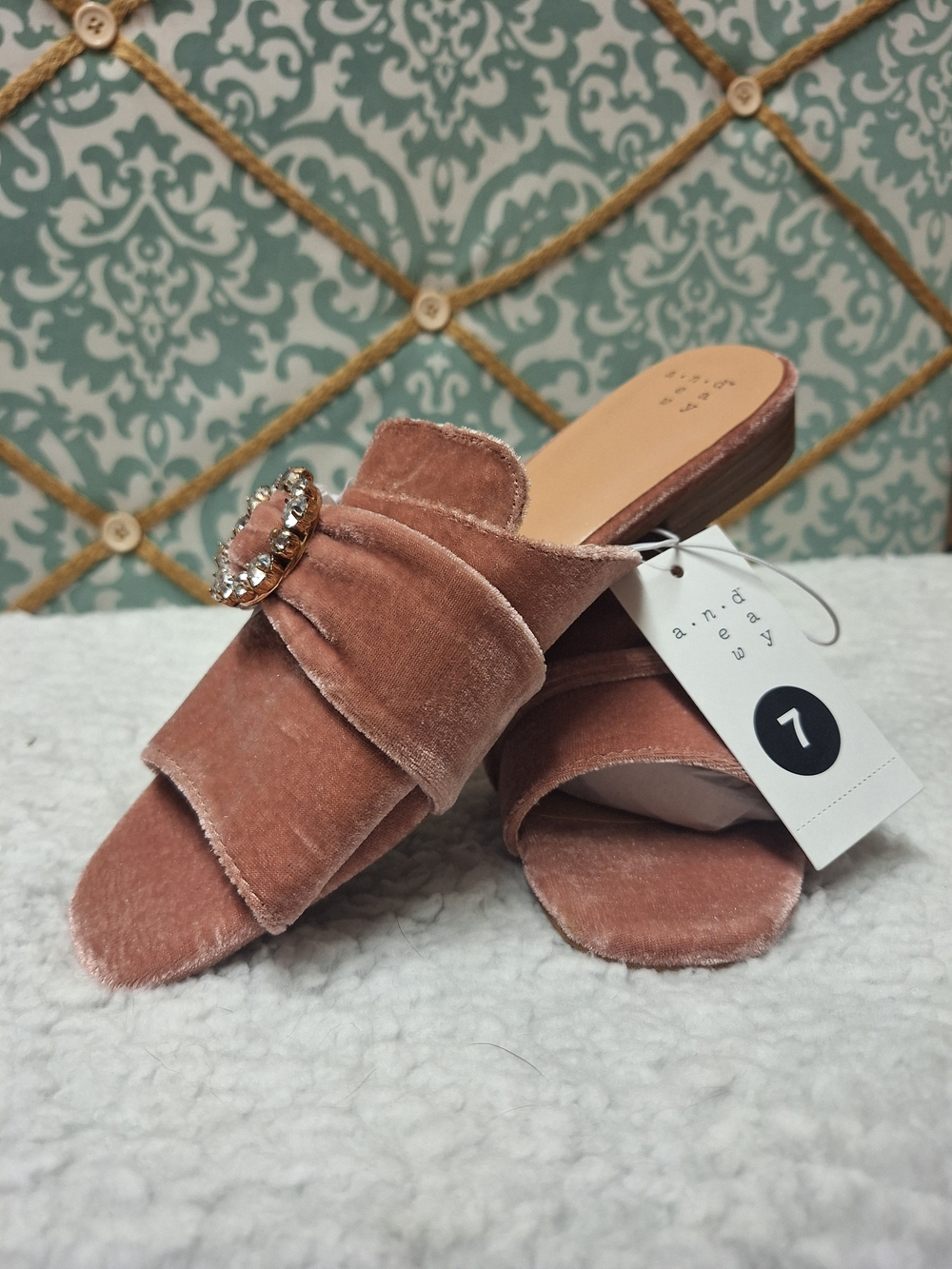 A New Day Womens Pink Velvet Slip-On Mule with Crystal Buckle 7 - Picture 2 of 8